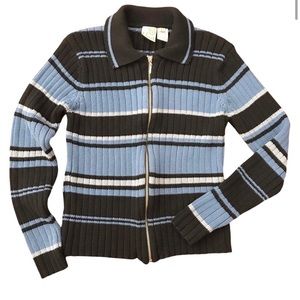 Vintage F.L. Malik 90s Y2K Striped Ribbed Knit Zip Up Cardigan Crop Jumper LARGE